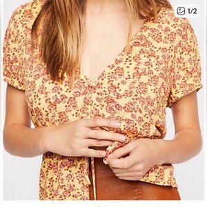 Free People Floral Yellow and Red Women's Top XS